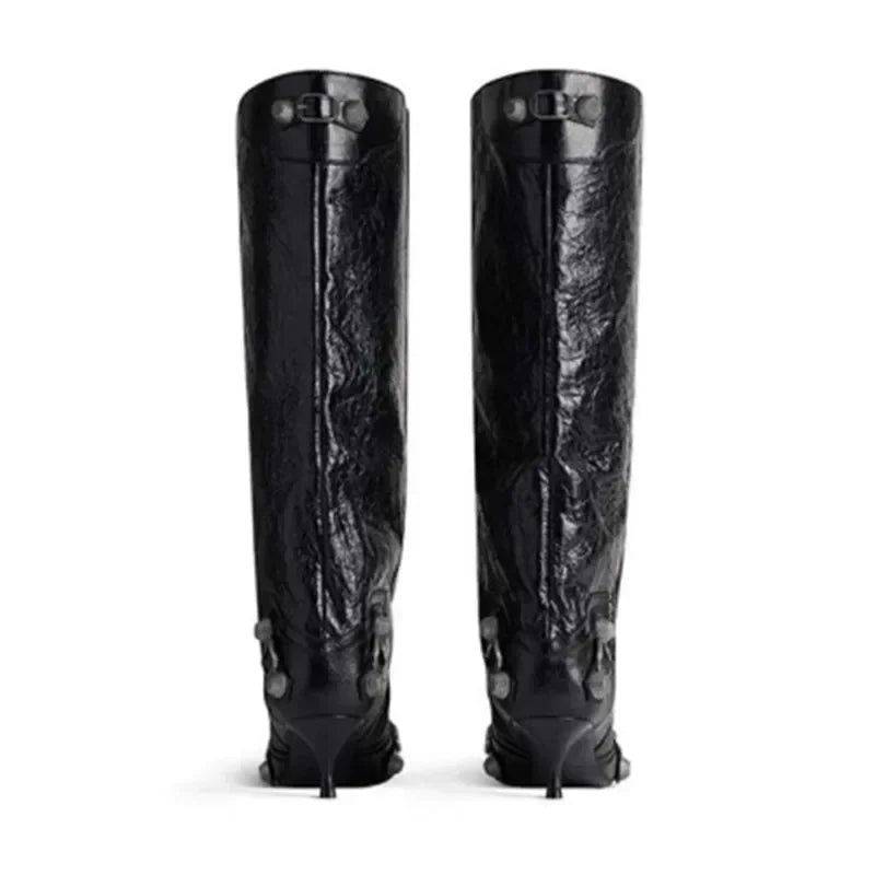 2026 Autumn/Winter New Rivet Women's Pointed Knee Length Women's Boots 5CM Stiletto High Heels Wide Barrel Women's Short Boots