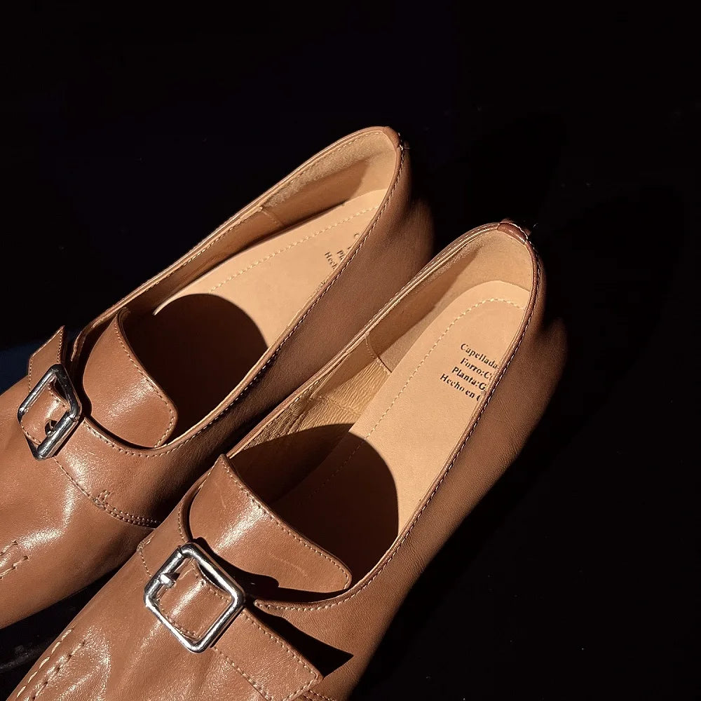 Handmade Genuine Leather Square Toe Thick Belted Women's Shoes Mid Heels Comfortable Cut Buckle Closure 34-40