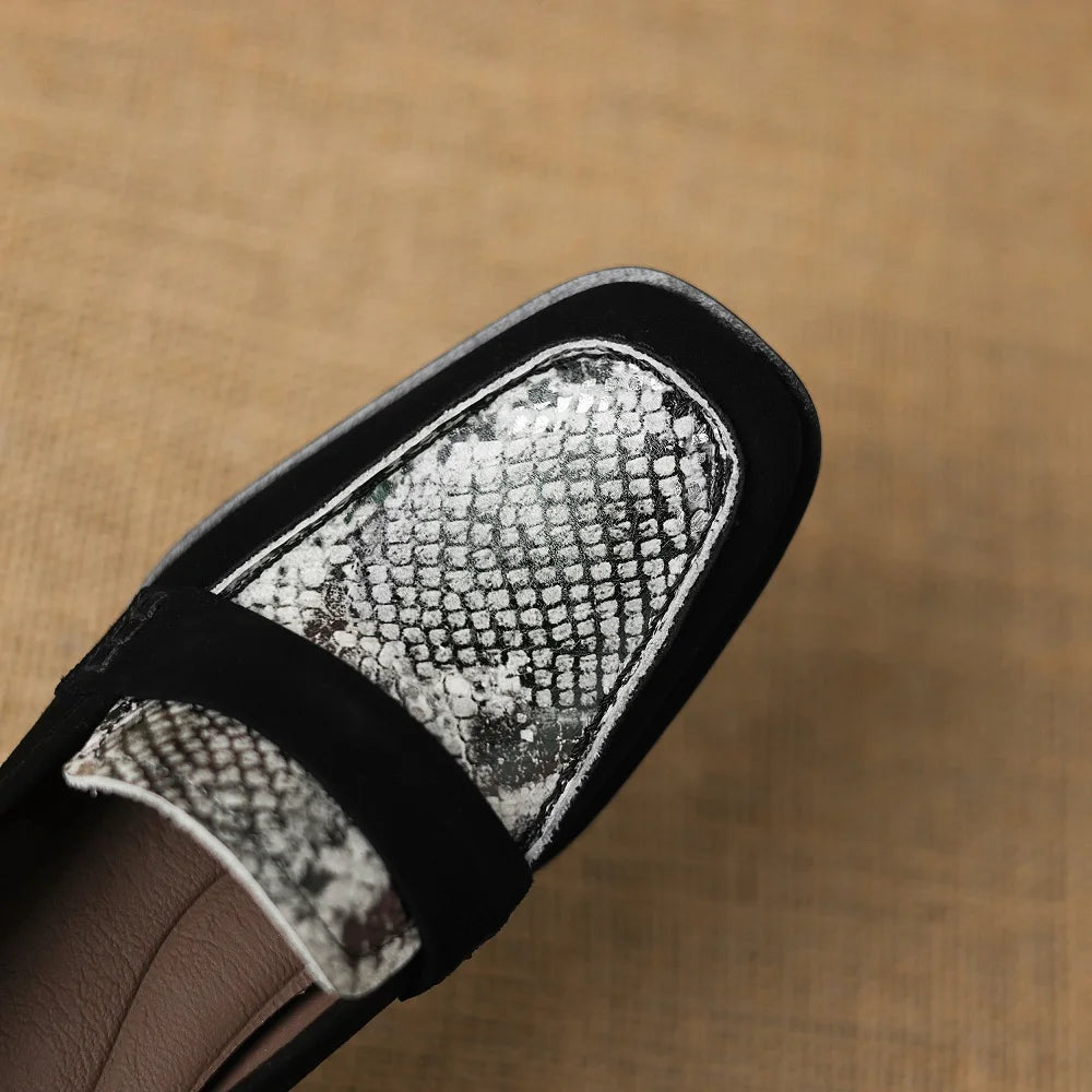 Women Casual High Heels Loafers Genuine Leather Chunky Mid Heels Shoes Spring New Retro Daily Office 34-40