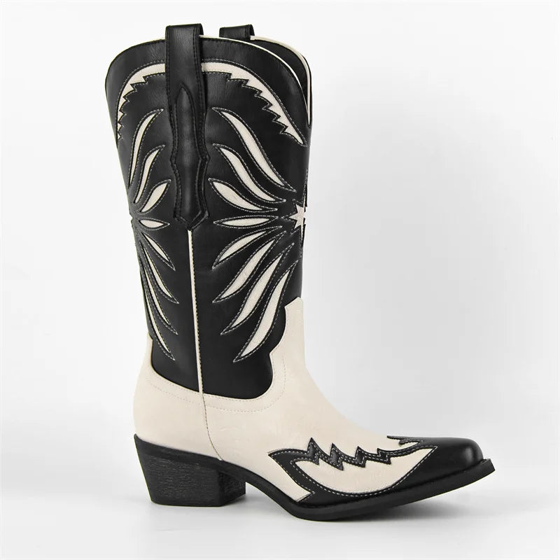 Onlymaker Women Western Cowboy Boots Pointed Toe Embroidered  Block Heel Fashion Pull-On Cowgirl Boots