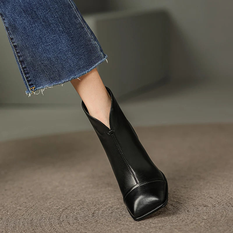 New Women's Handmade Genuine Leather High Heel Short Boots Square Toe Bootie Autumn Winter Fashionable Versatile