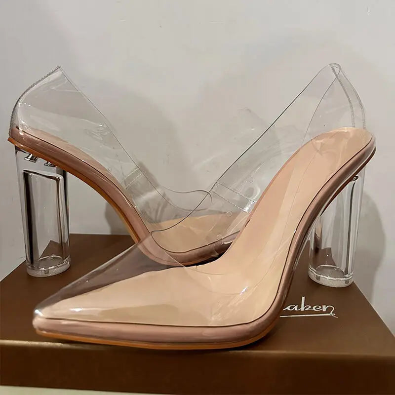 Women Pointed Toe PVC Clear High Heels Pumps Buckle   Chunky  Transparent Strip  Big Size Summer Pumps