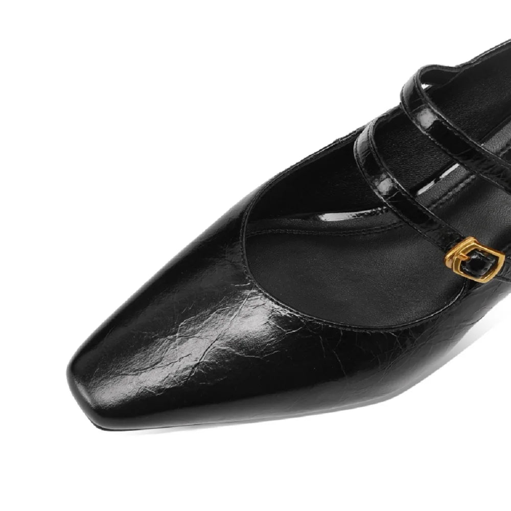 Women Handmade Genuine Leather square toe metal buckle Mary Jane elegant ladies Mid heel evening dress shoe 33-43