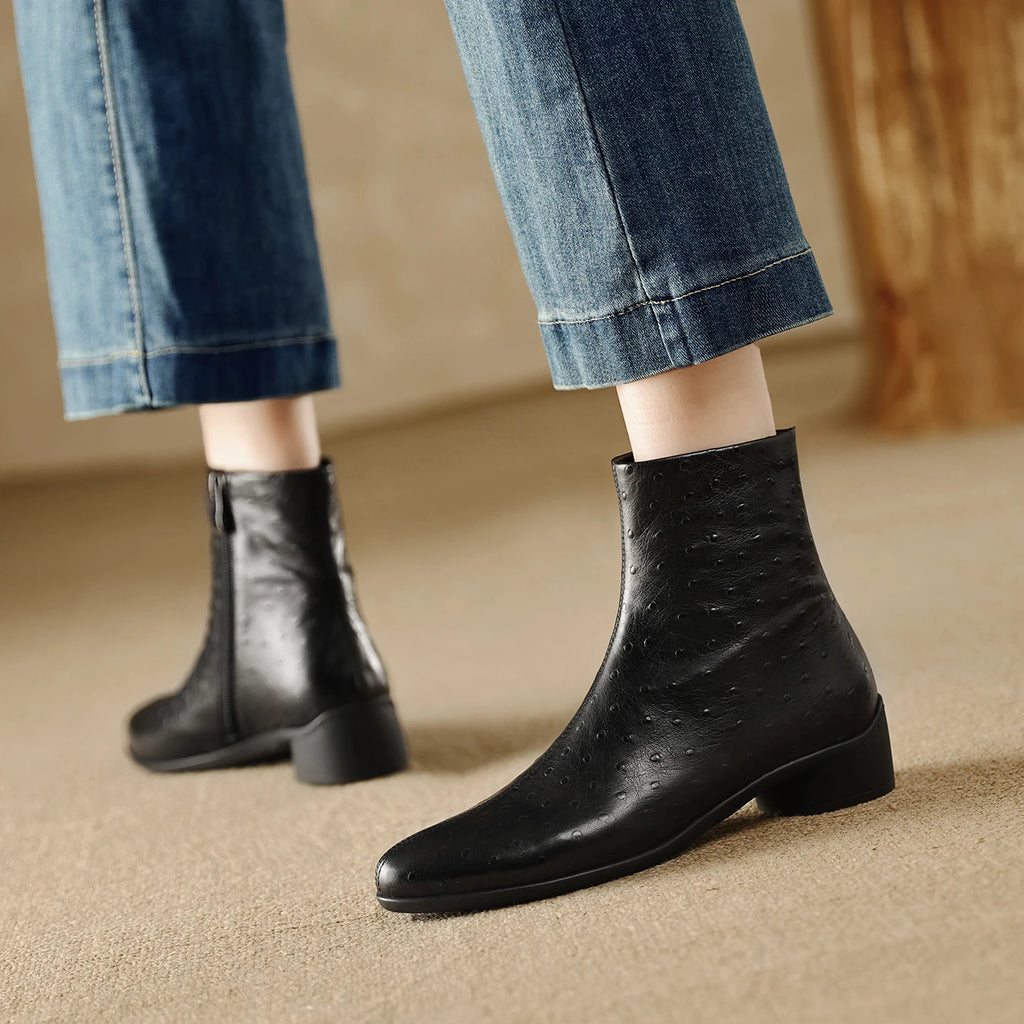 Women Handmade Genuine Leather Soft and comfortable Western Boots Square Toe Chunky Heel Retro Ankle Boots 34-40
