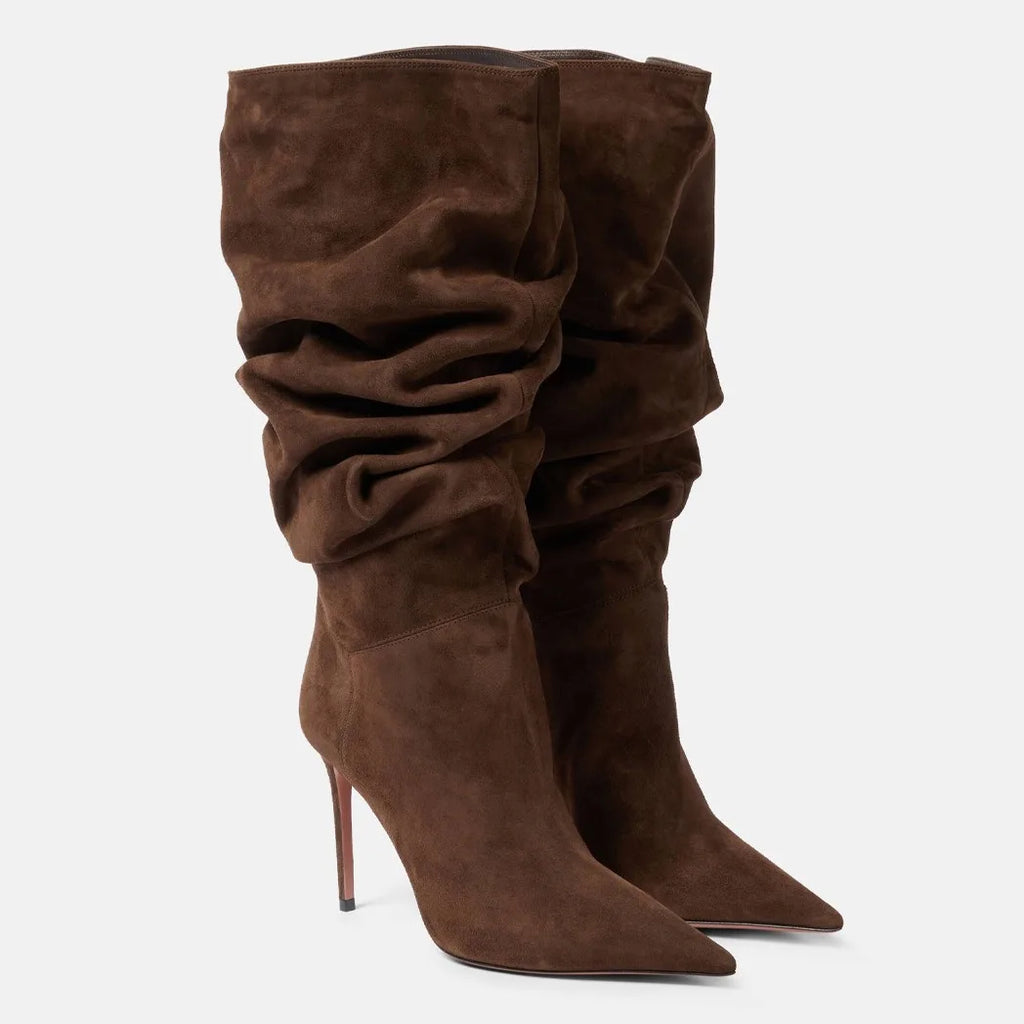 2026 Women's Autumn and Winter New Pleated High-heeled Short Boots with Pointed Sleeves, Women's 35-47 Large Mid Length Boots