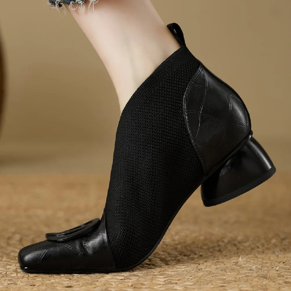 Handmade Brand Genuine Leather Women Ankle Boots Mid Heels Square toe Autumn Winter Dress Party Lady 34-43
