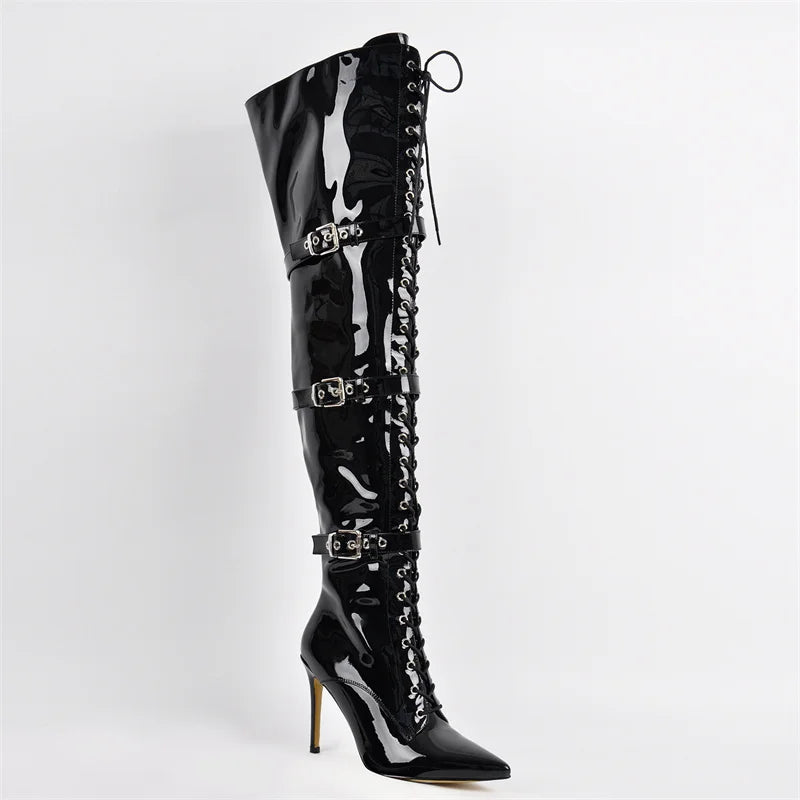 Onlymaker Women Pointed Toe Belt Buckle Over The Knee Boots Zipper Plus Size Sexy Patent Leather Wide Calf Thigh High Boots