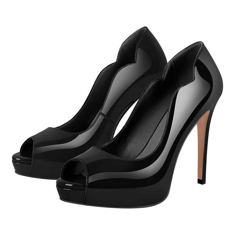 Women Peep Toe Platform Patent Leather Pumps High Heeled Big Size Slip On Women Stiletto Heels
