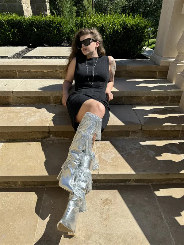 Onlymaker Women Pointed Toe  Sliver Fringe Metallic Slim  Knee Boots  Sexy Dance Chunky  Heel Boots