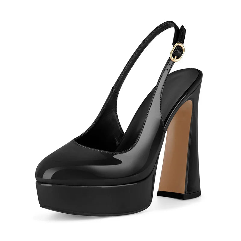 Women Round Toe Patent Leather Pumps High Heeled Big Size Slingback Office Dress Chuny Heel Classic Pumps Heels
