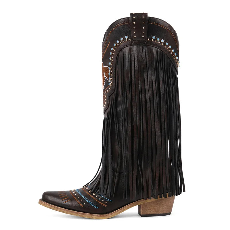 Onlymaker Women Pointed Toe Retro Fringe Pull On Western Cowgirl Boots Fringed Chunky Heel Embroidery Cowboy Boots