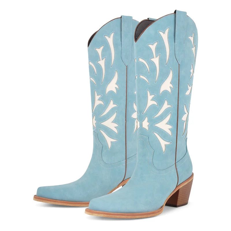 Onlymaker Women Pointed Toe  Mid Calf Cowboy Boots Chunky Block Heel Classic Pull On Cowgirl Western Boots