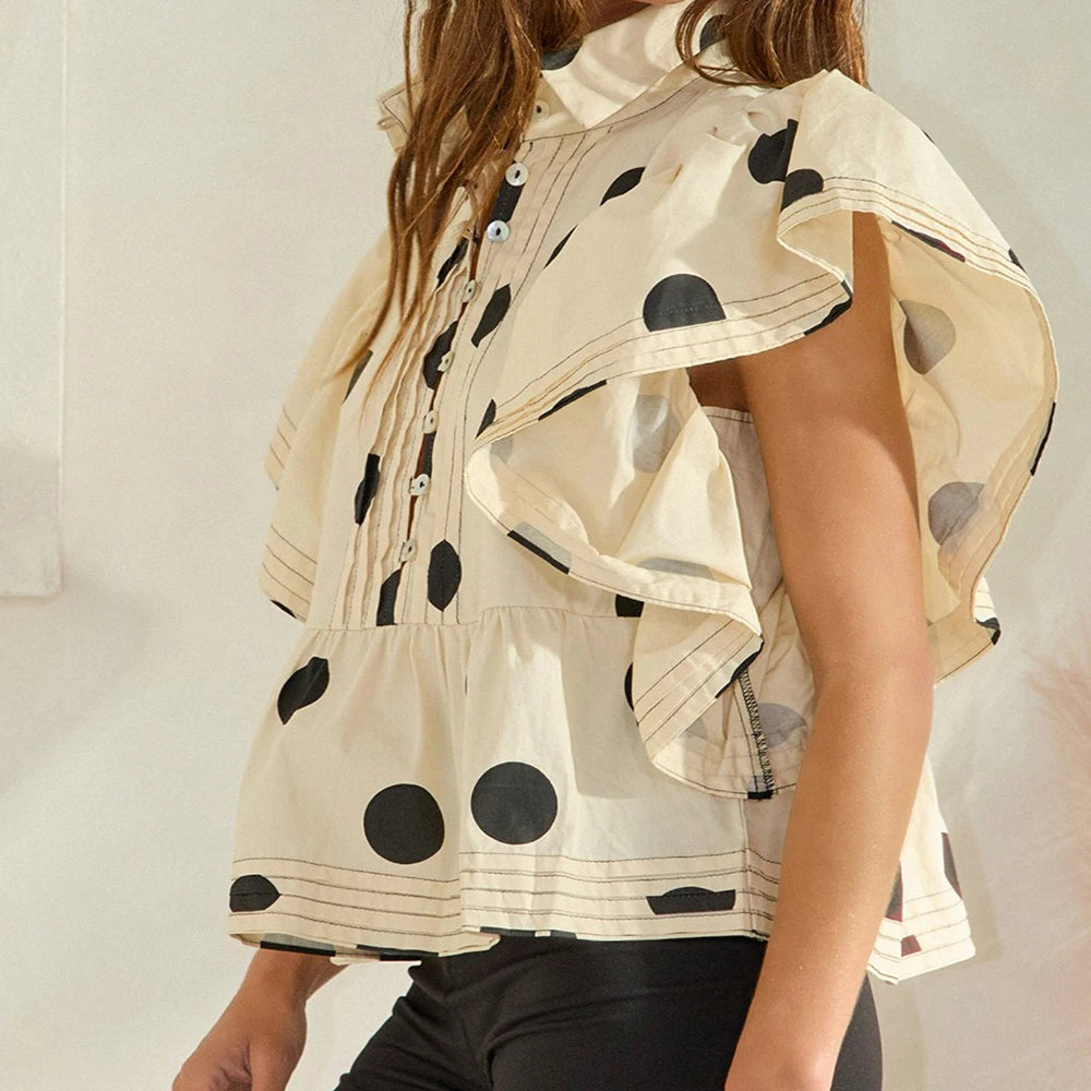 Women Vintage Polka Dot Short Ruffle Sleeves Tops Cute Button V Neck Pleated Cropped Babydoll Blouses Aesthetic Preppy Shirts