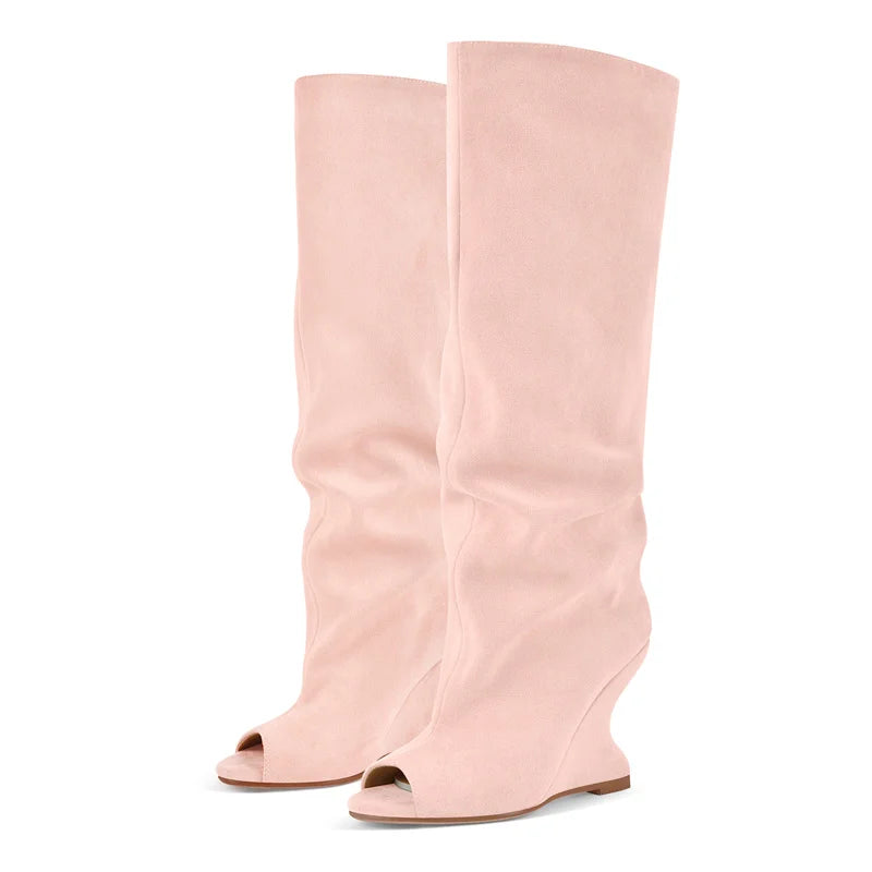 Onlymaker Women Peep Toe Wedge Flock Fashion Chunky Boots
