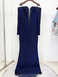 STREET Newest 2026 Designer Vestido Women's Diamonds Beaded Slash Neck Off The Shoulders Long Maxi Dress
