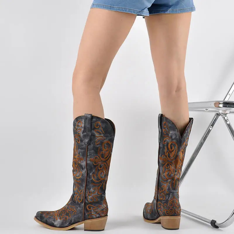 Western Cowboy Boots Toe  Embroidered  Block Heel Fashion Side Zipper Cowgirl Boots