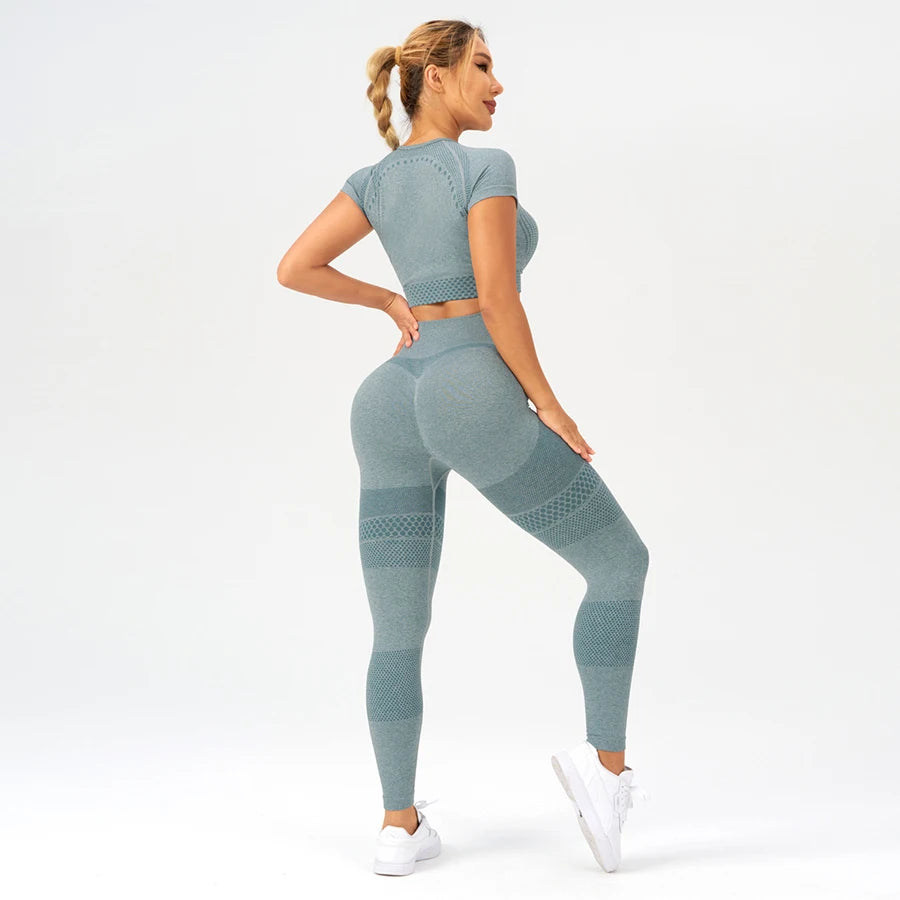 2 pcs/set Tee High Waist Yoga Leggings Set Seamless Workout Outfit Sportswear Woman Gym Yoga Clothes Womens Tracksuit Activewear