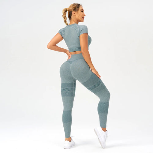 2 pcs/set Tee High Waist Yoga Leggings Set Seamless Workout Outfit Sportswear Woman Gym Yoga Clothes Womens Tracksuit Activewear