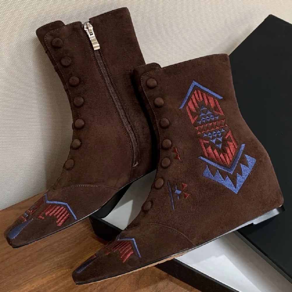 Handmade Genuine Leather Embroidered Boots Tube Low Heel Women Footwear Winter Season Square Toe Slope Heel 33-40