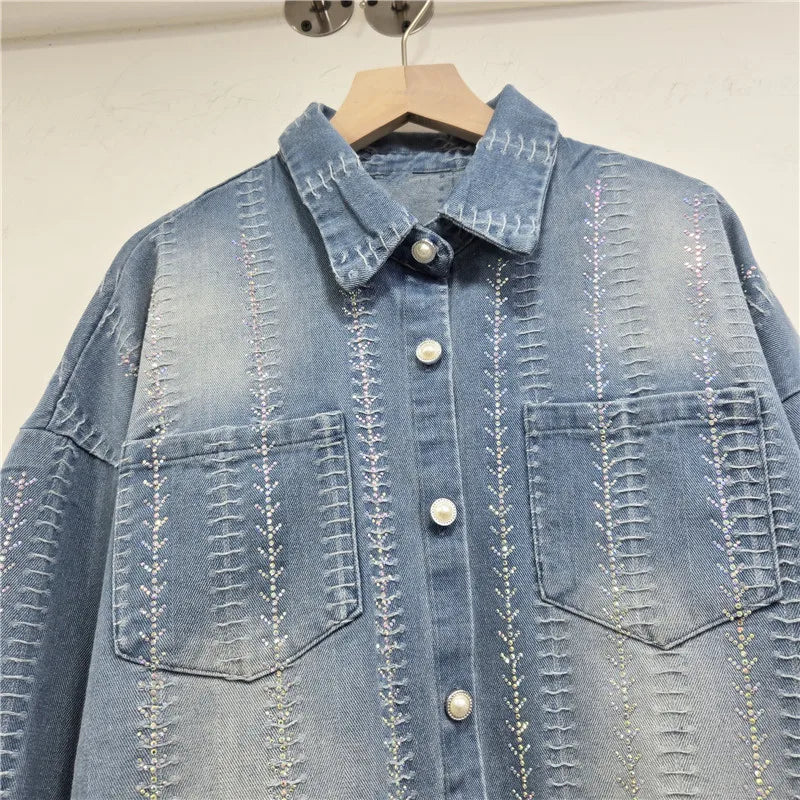 2026 Jeans Jacket Spring New Items Heavy Industry New Rhinestone Striped Long Sleeve Denim Shirt Jacket For Women Loose Top 11A08573