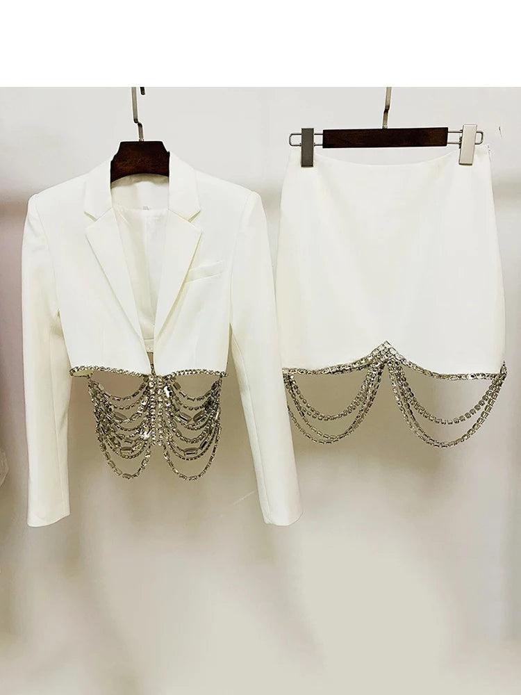 STREET Newest 2026 Designer Runway Suit Set Women's Strass Diamonds Beaded Chain Crop Blazer Mini Skirt Suit