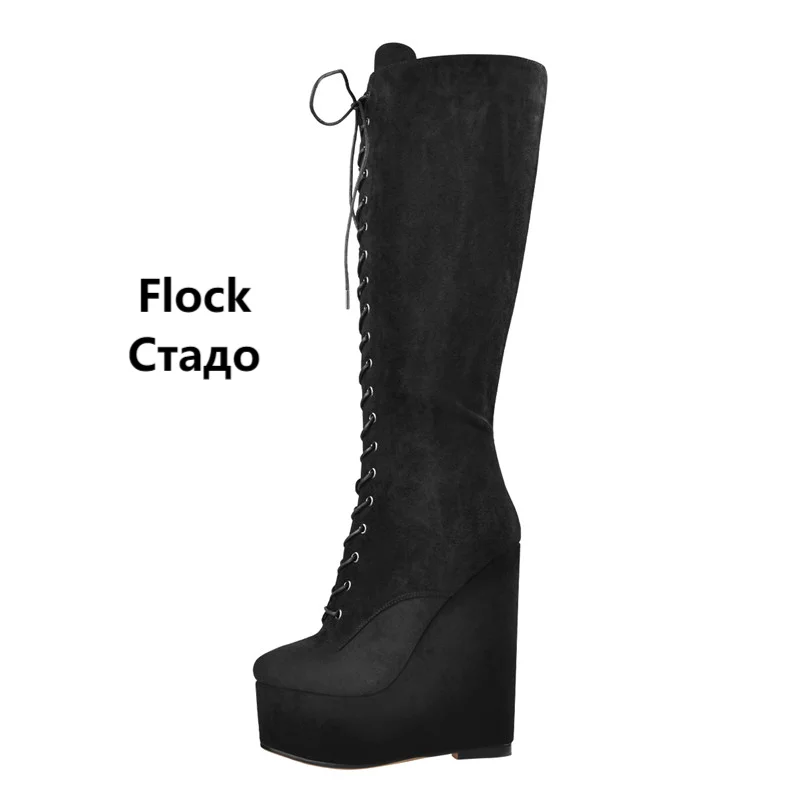 Onlymaker Women Platform Wedge Heels Knee High Boots Lace Up  Side Zip Heeled Plus Size Black Handmade Boots