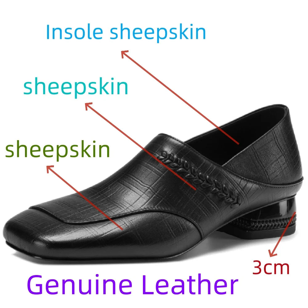Handmade Genuine Leather Soft and comfortable Square Toe Chunky Heel Deep Mouth Formal Shoes for Women 34-40