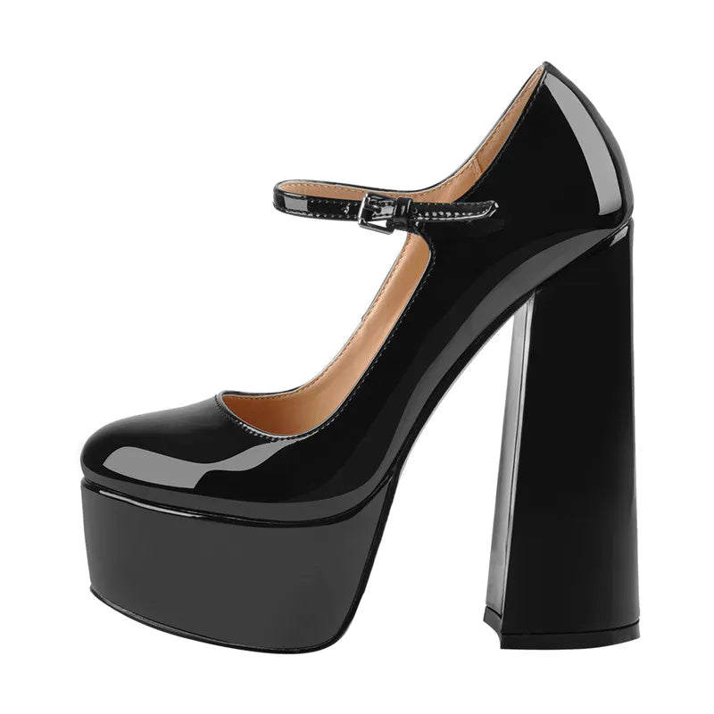 Women Pumps Mary-Jane Platform Black Pink Chunky 16CM High Heels Ankle Strap Dress Party Hoof Heel Plus Size Shoes