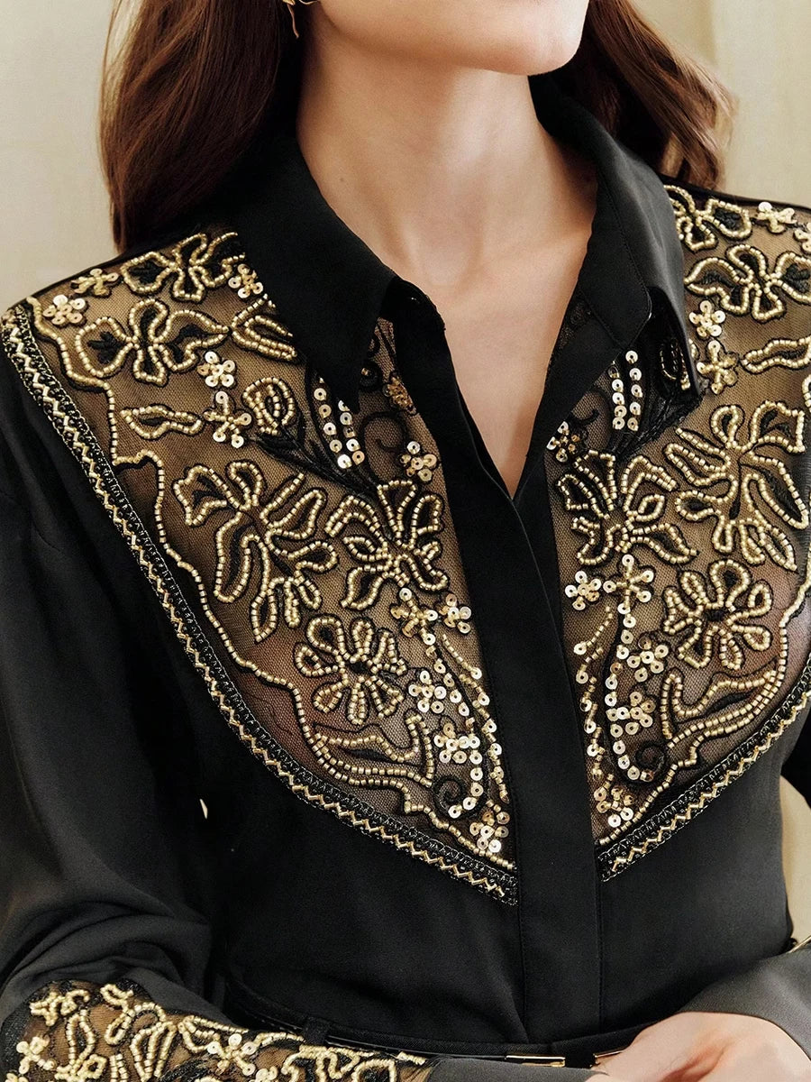 Elegant Business Meetings Black Shirt with Gold Embroidery for Women Spliced Sheer Mesh Slimming Shirts for Luxury Dinners