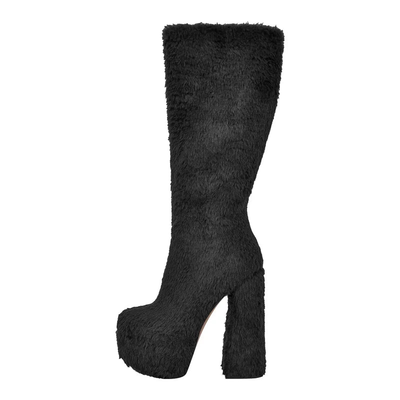Onlymaker Women Rose Pink Platform Round Toe Chunky Heel Fluffy  Side Zip Lady  Knee High Fashion Boots