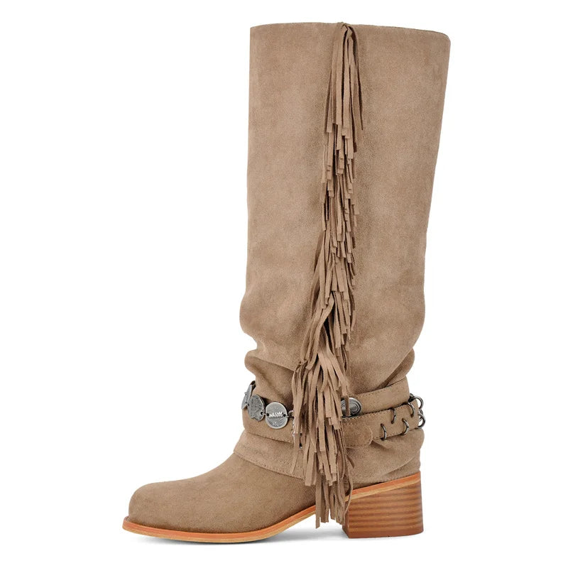 Onlymaker Women Round Toe Fold Over Fringe Knee High Boots Block Heel Fashion  Boots