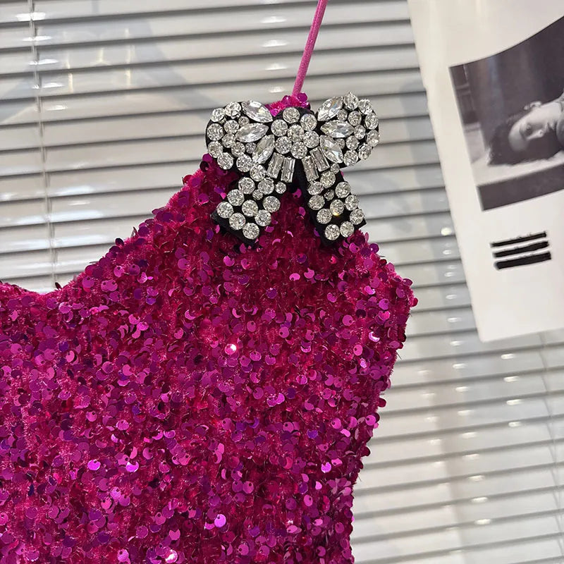 2026 Spring New Fashion Rhinestone Bow Pin Sequin Fabric Camisole For Women Versatile Backless Tank Tops Female 11A08722