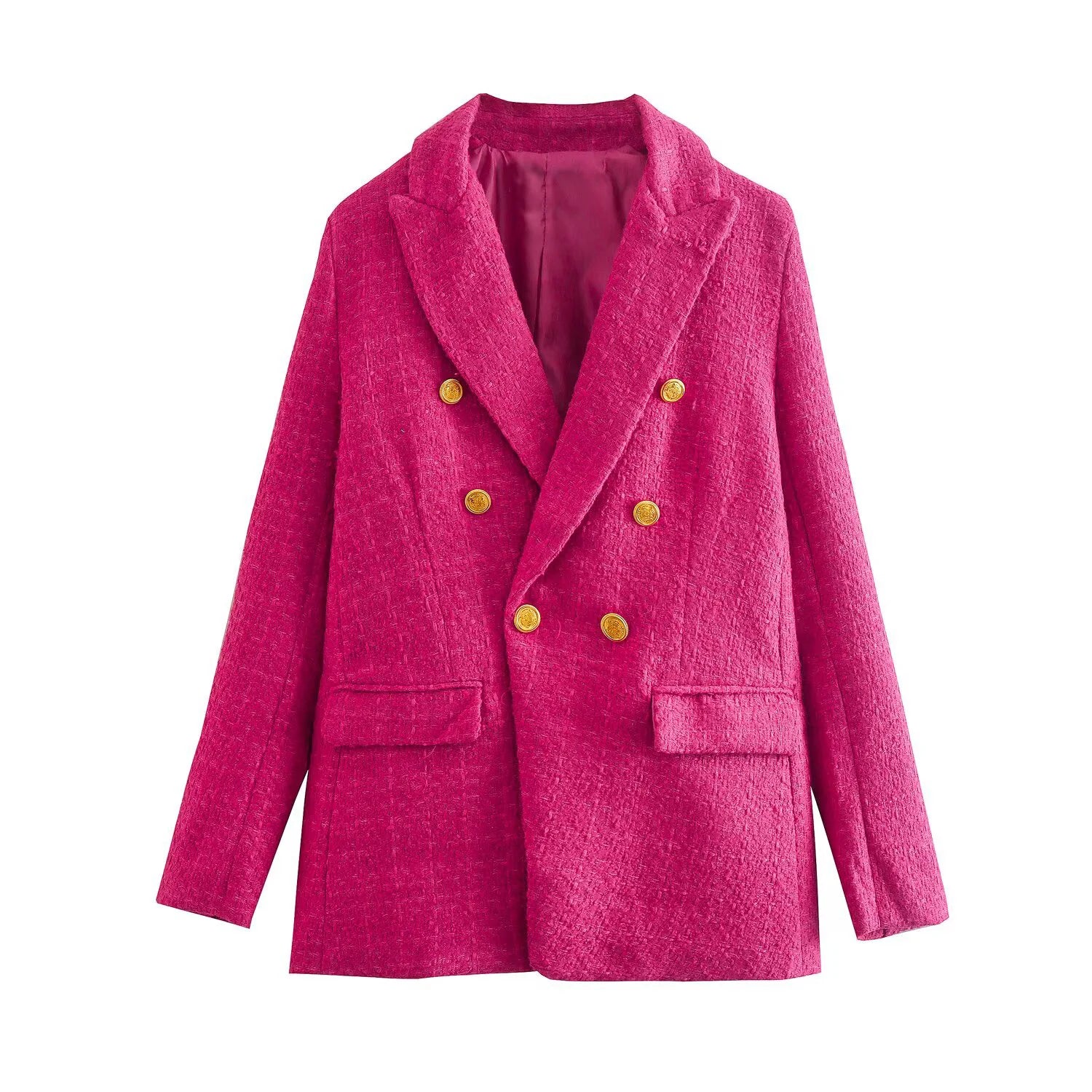 Women's Fashion Spring And Autumn Double Breasted Checkered Suit Jacket Retro Long Sleeved Pocket Suit Jacket