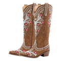 Onlymaker Women Pointed Toe Brown Embroider Flower Western Cowboy Boots Female Wide Mid Calf Boots