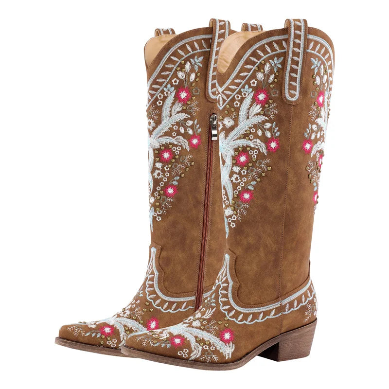 Onlymaker Women Pointed Toe Brown Embroider Flower Western Cowboy Boots Female Wide Mid Calf Boots