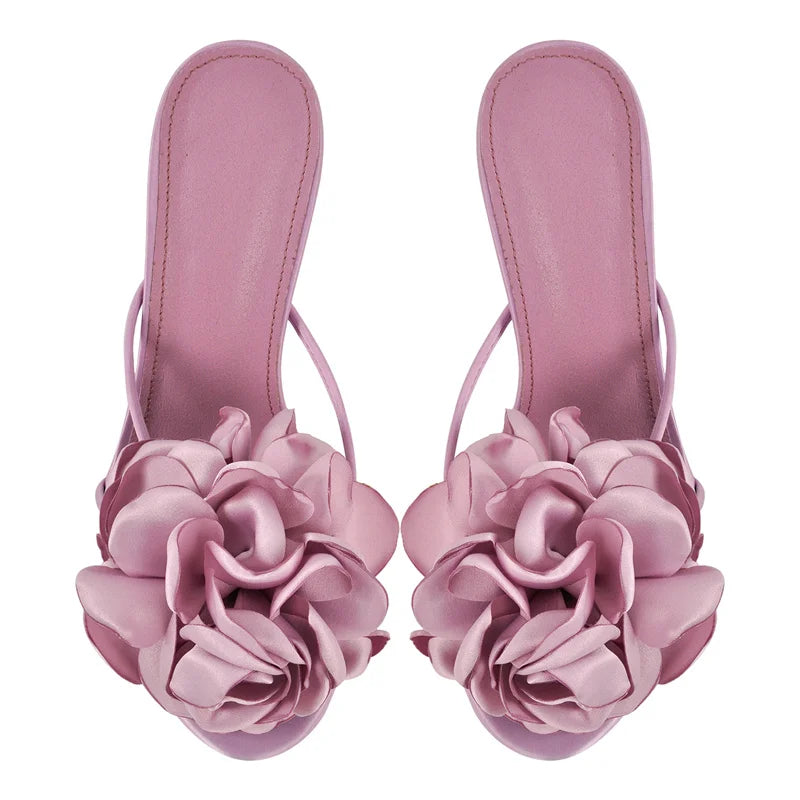 Women Open Toe Flower Mulesl Heels for Woman Slip On 10CM Metal Heel Sandals