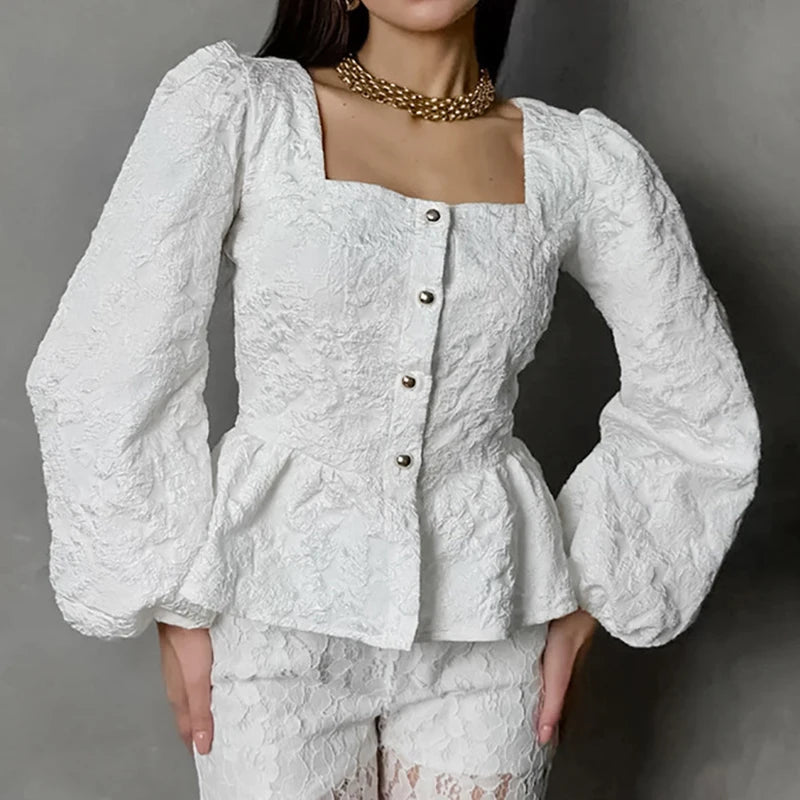 2026 Fashion New Style High-End Jacquard Shirt Square Neck Puff Sleeve Shirt For Women Versatile Long Sleeve Tops 1A1756
