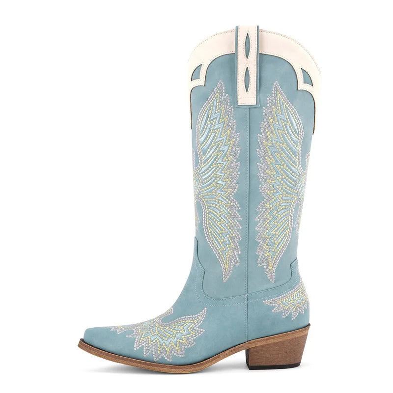 Western Cowboy Boots Toe  Embroidered  Block Heel Fashion Side Zipper Cowgirl Boots