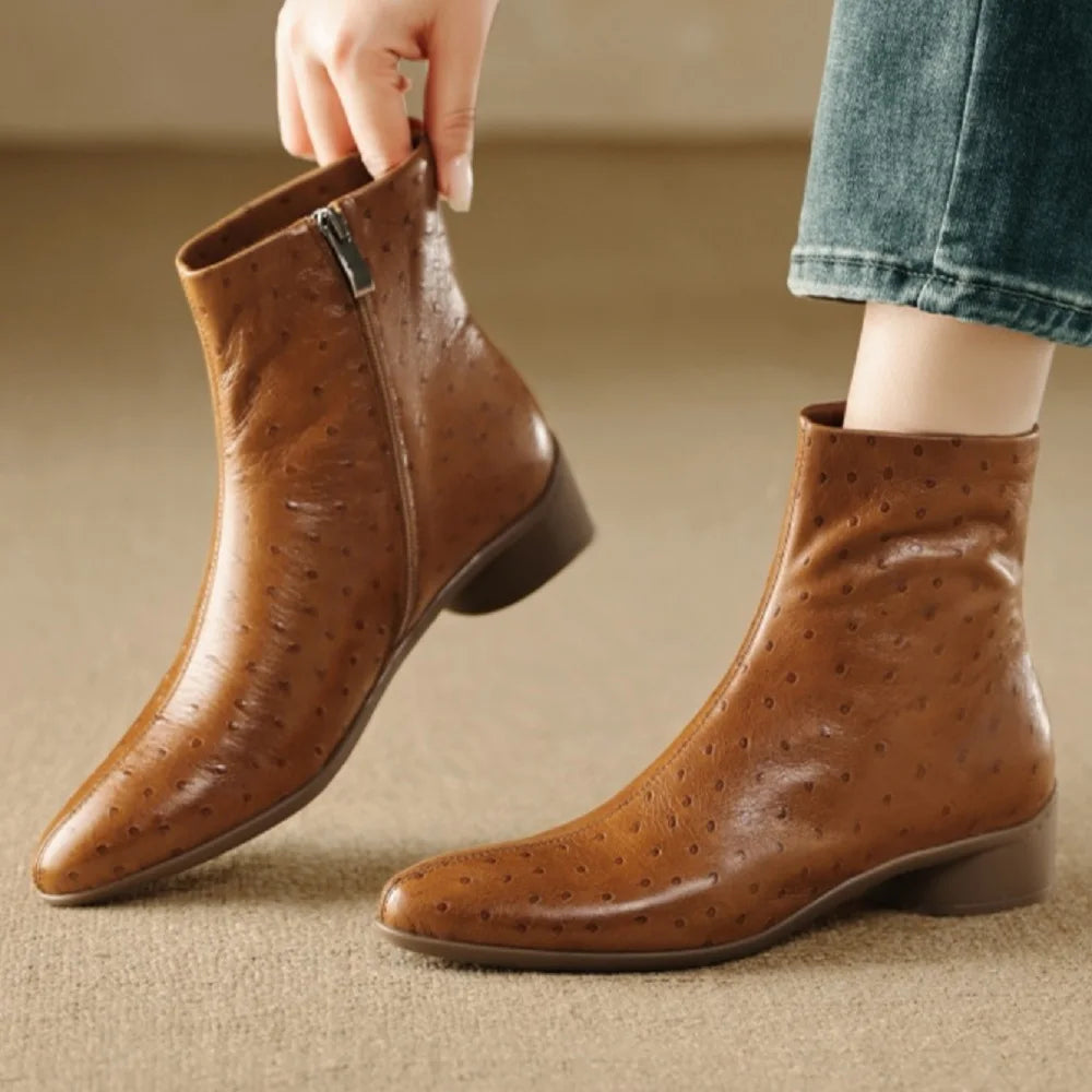 Women Handmade Genuine Leather Soft and comfortable Western Boots Square Toe Chunky Heel Retro Ankle Boots 34-40