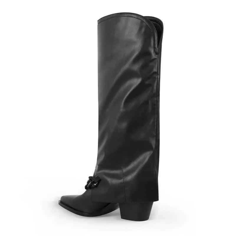 Onlymaker Woman Pointed Toe Black High Heel Fold Over Matte Boots Winter Big Size Fashion Motorcycle Boots