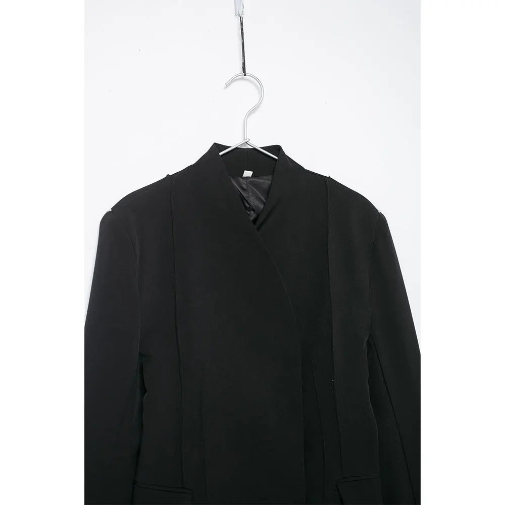 Women's With Pockets Black Blazer Vintage Long Sleeves V-Neck Female Office Lady Outfits