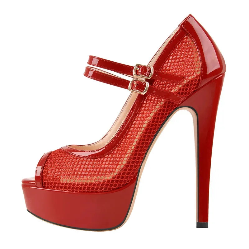 Women Black Platform Peep Toe Mesh Spike Pumps Sandals Thin High Heel  Big Size Buckle Strap Party Shoes