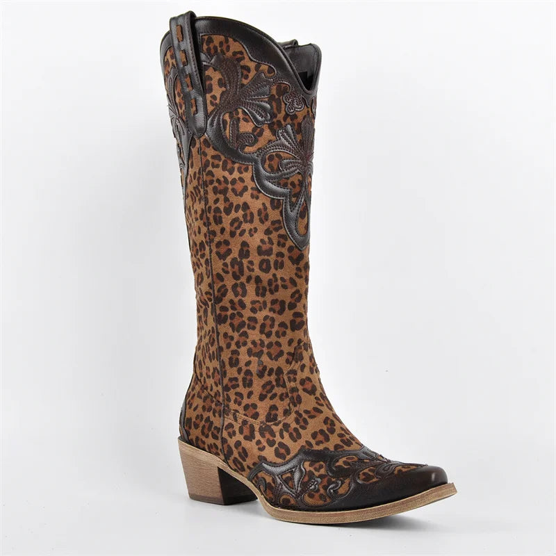 Onlymaker Women Pointed Toe Cow print Pull On Knee High Western Cowgirl Boots Chunky Heel Cowboy Boots