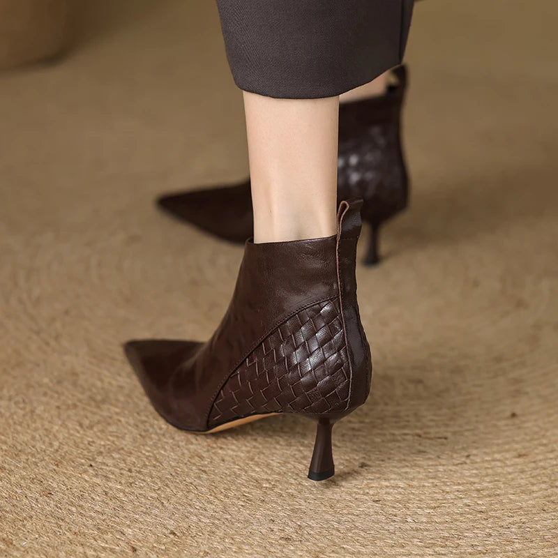 Women's Handmade genuine leather thin high heel pointed toe zip short booties British Style ankle boots