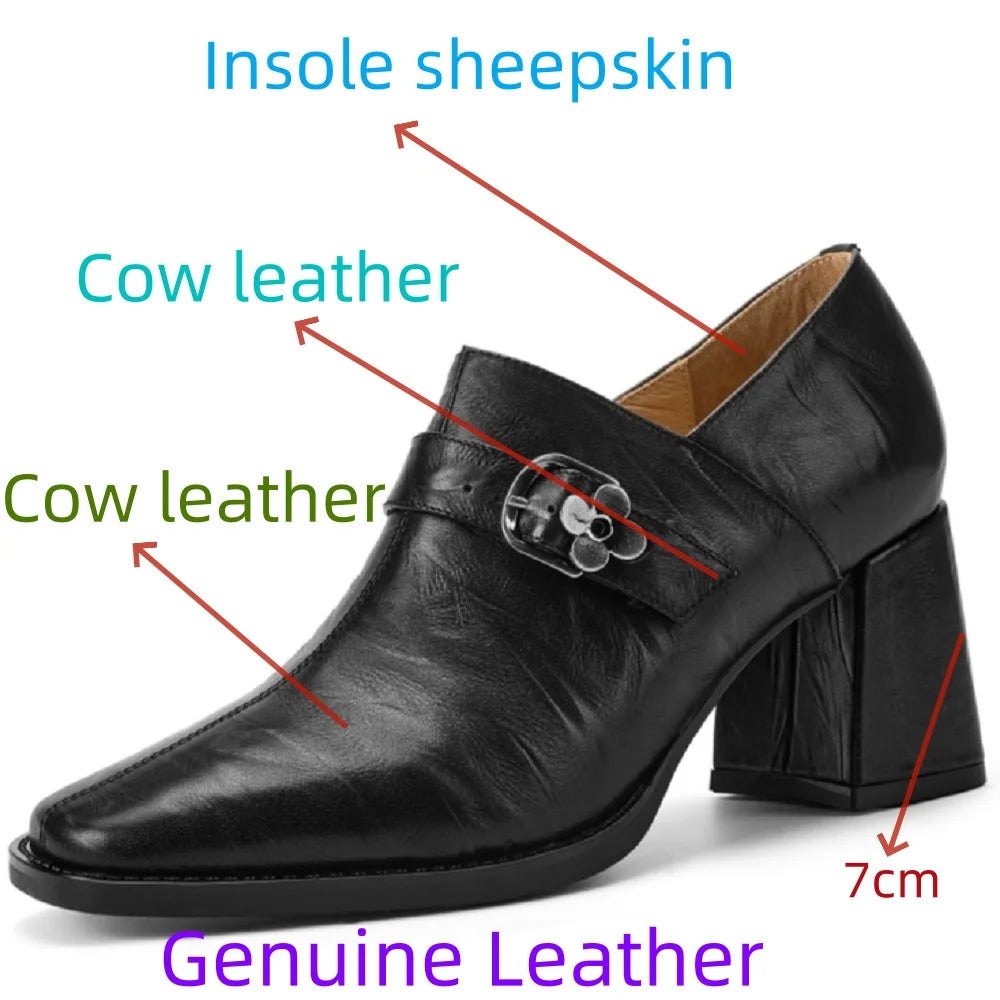 Handmade Soft Genuine Leather Women Elegant Deep Mouth Thick Heels Office Business Dress Waterproof Shoes 34-40