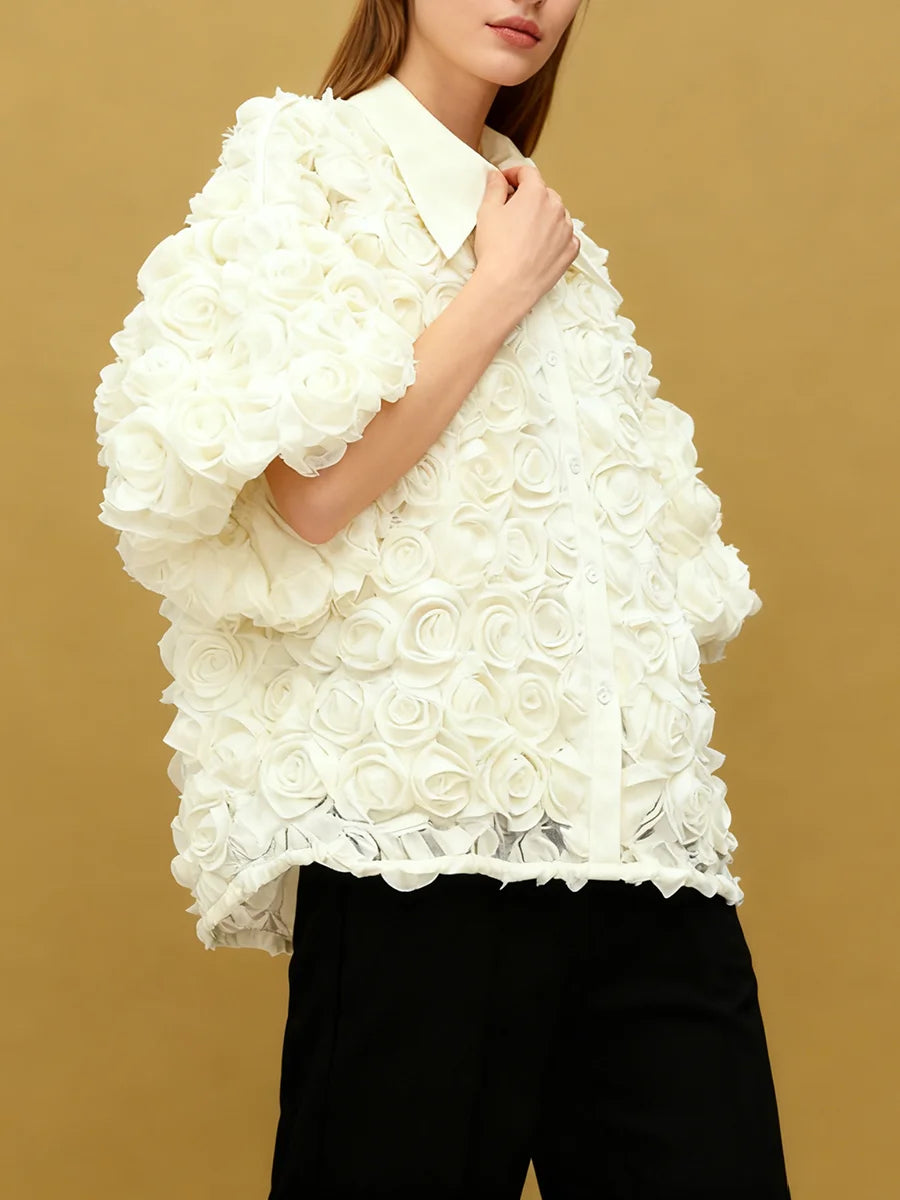 Elegant High End Style Shirts for Women Lapel Half Sleeve Patchwork Petal Stylish Temperament Black Shirt Female Spring New