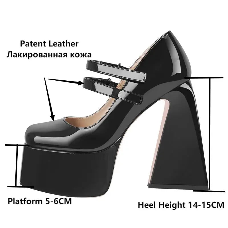 Women Pumps Mary-Jane Platform Black Patent Leather Chunky High Heels Ankle Strap Dress Party Plus Size Punk Shoes