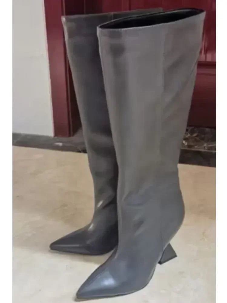 2025New European and American Women's Knee Boots Fashion Pointed Shaped High Heels Women's Large Long Sleeve Boots