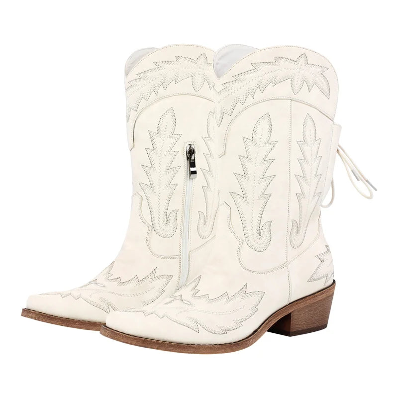 Women Pointed Toe Black Embroidery Western Boots Tapered Heel Round Up  Mid-Calf Western Cowgirl Boots