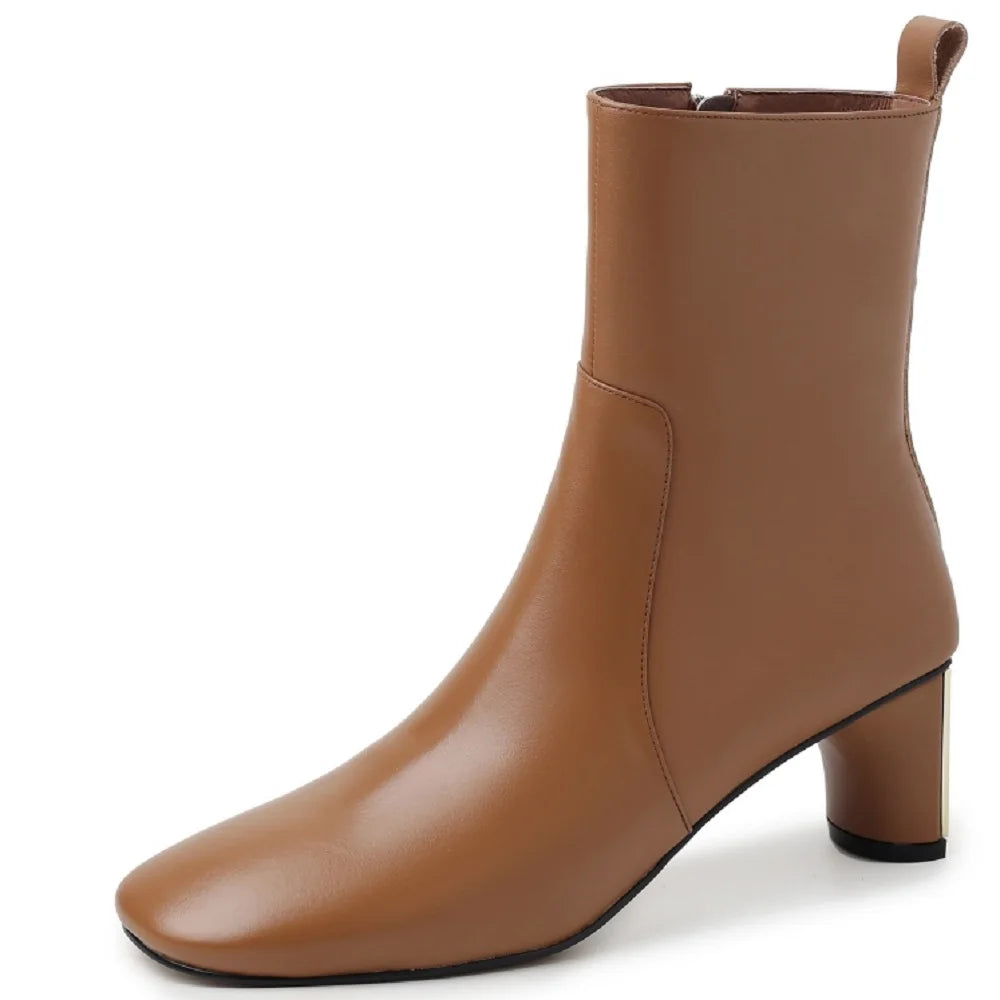 New Handmade Genuine Leather women's Round Toe Med Heels Ankle Boots For Party Dating Shoes Office Lady 33-40